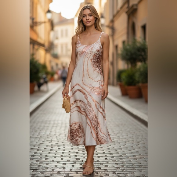 SHEIN Dresses & Skirts - SHEIN Marble-Print Slip Midi Dress in Cream and Rose Gold